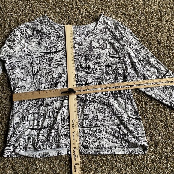 Chicos Womens Crop Top 2 Large White Black Art Graphic 3/4 Sleeve Soft Casual - Picture 7 of 12